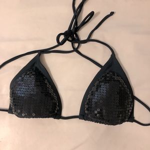 Black Sequin String Bikini Top Size Small